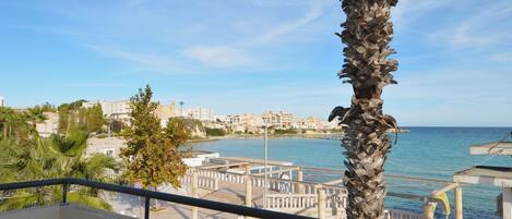 A balcony with a view of the sea, a palm tree, and a table with a book and a fan.