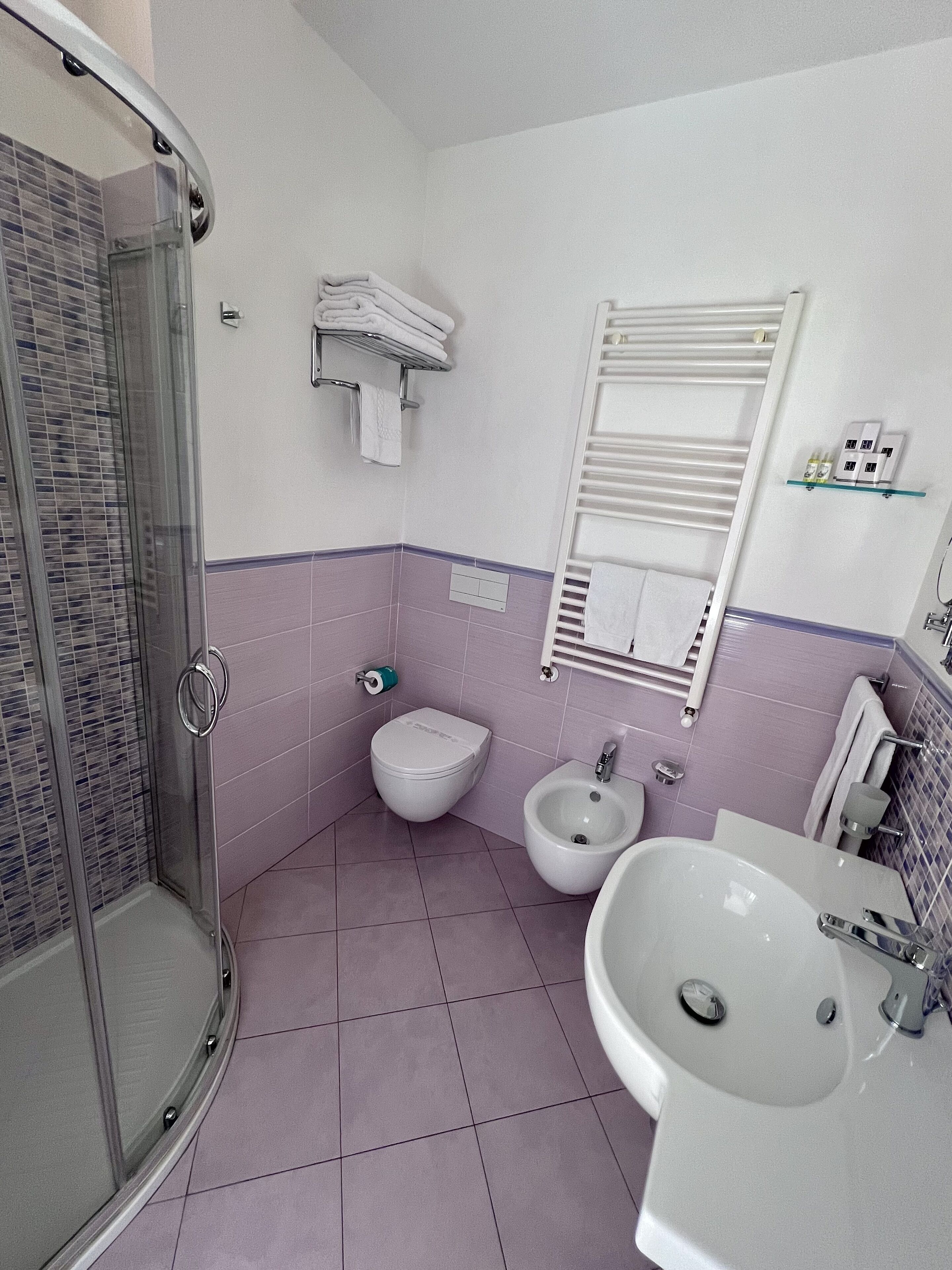 A bathroom with a glass-enclosed shower, a toilet, a bidet, and a sink.