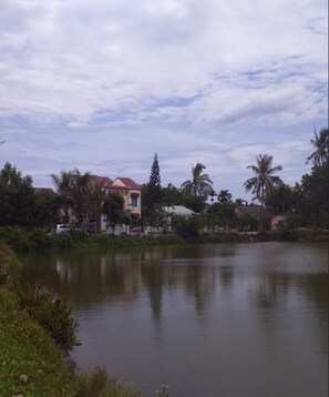 A calm lake with a house and palm trees in the background. - Tra Que Riverside Homestay (Da Nang)