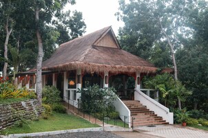 A traditional house with a thatched roof, a staircase leading to the entrance, and lush greenery surrounding the property.