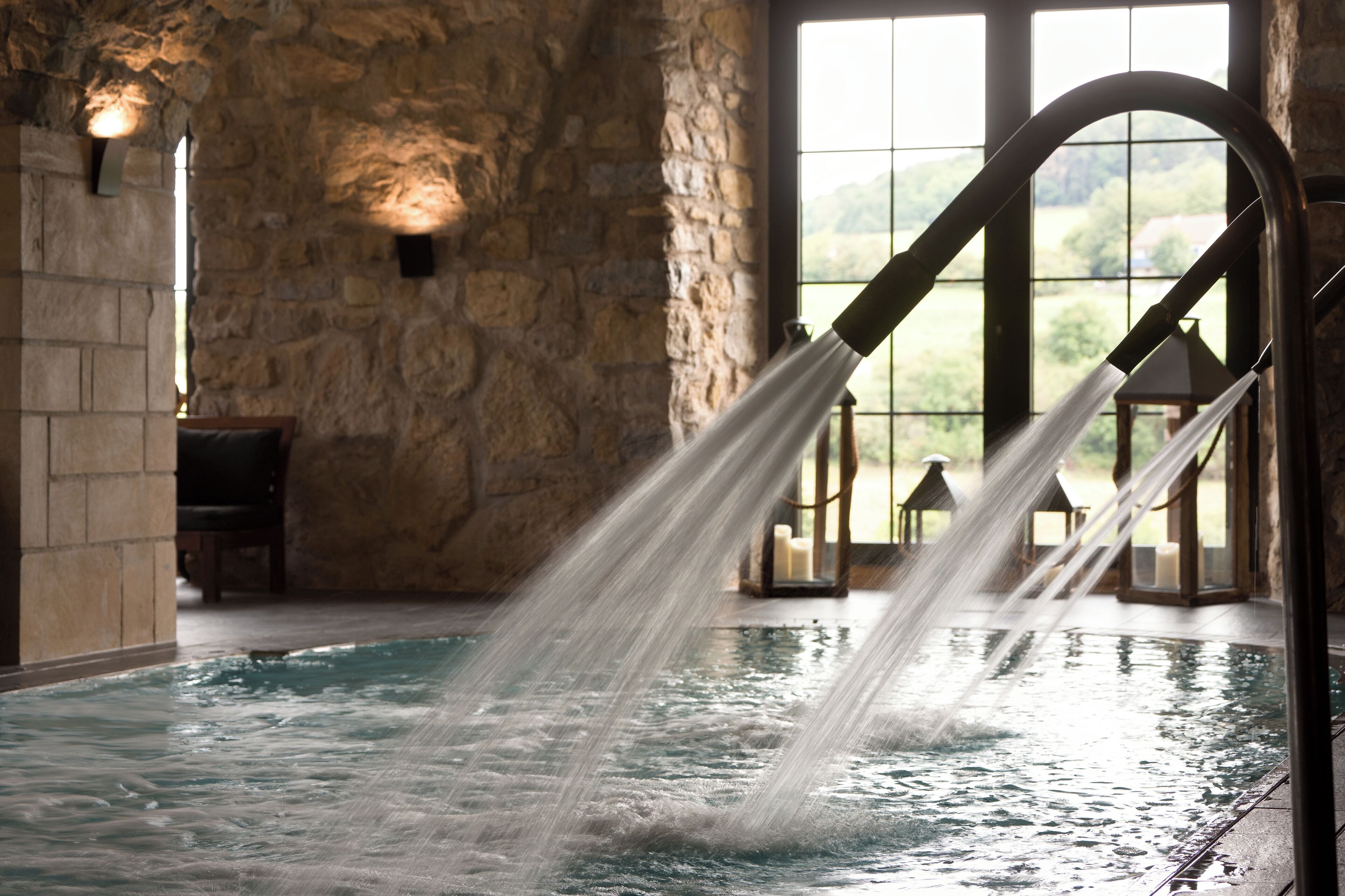 indoor pool, seasonal outdoor pool, pool umbrellas, pool loungers