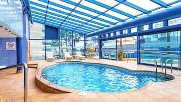 Indoor pool, outdoor pool, pool loungers