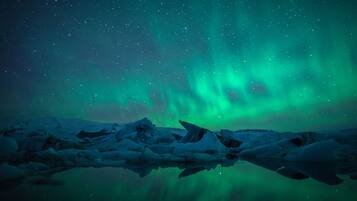 A night sky with the Northern Lights over a frozen landscape.