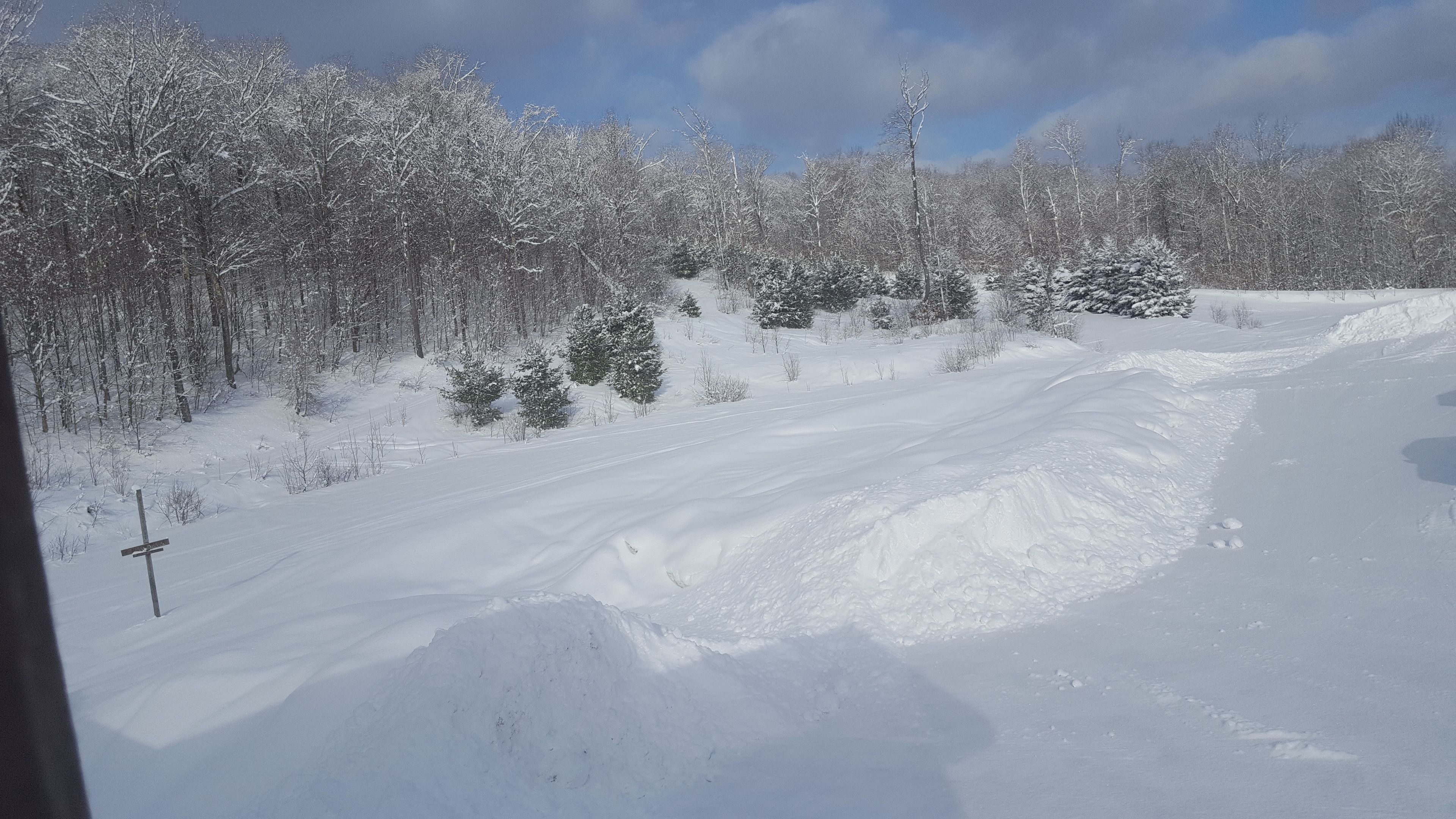 A snowy landscape with a ski slope, trees, and a clear sky.