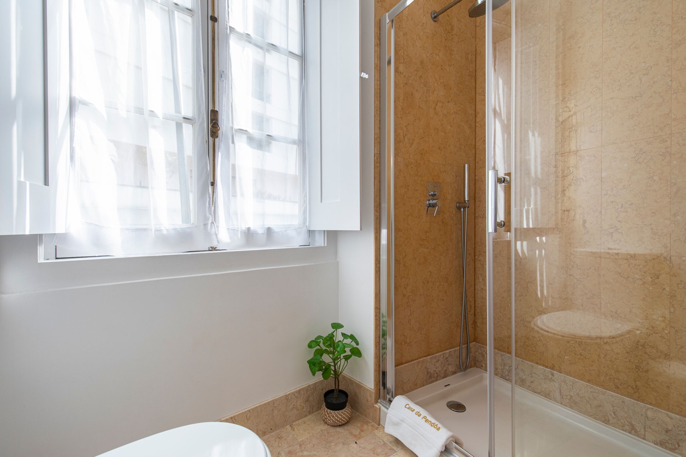 Un baño con mampara de vidrio, un lavamanos blanco, una planta en maceta y una toalla colgada en la pared.