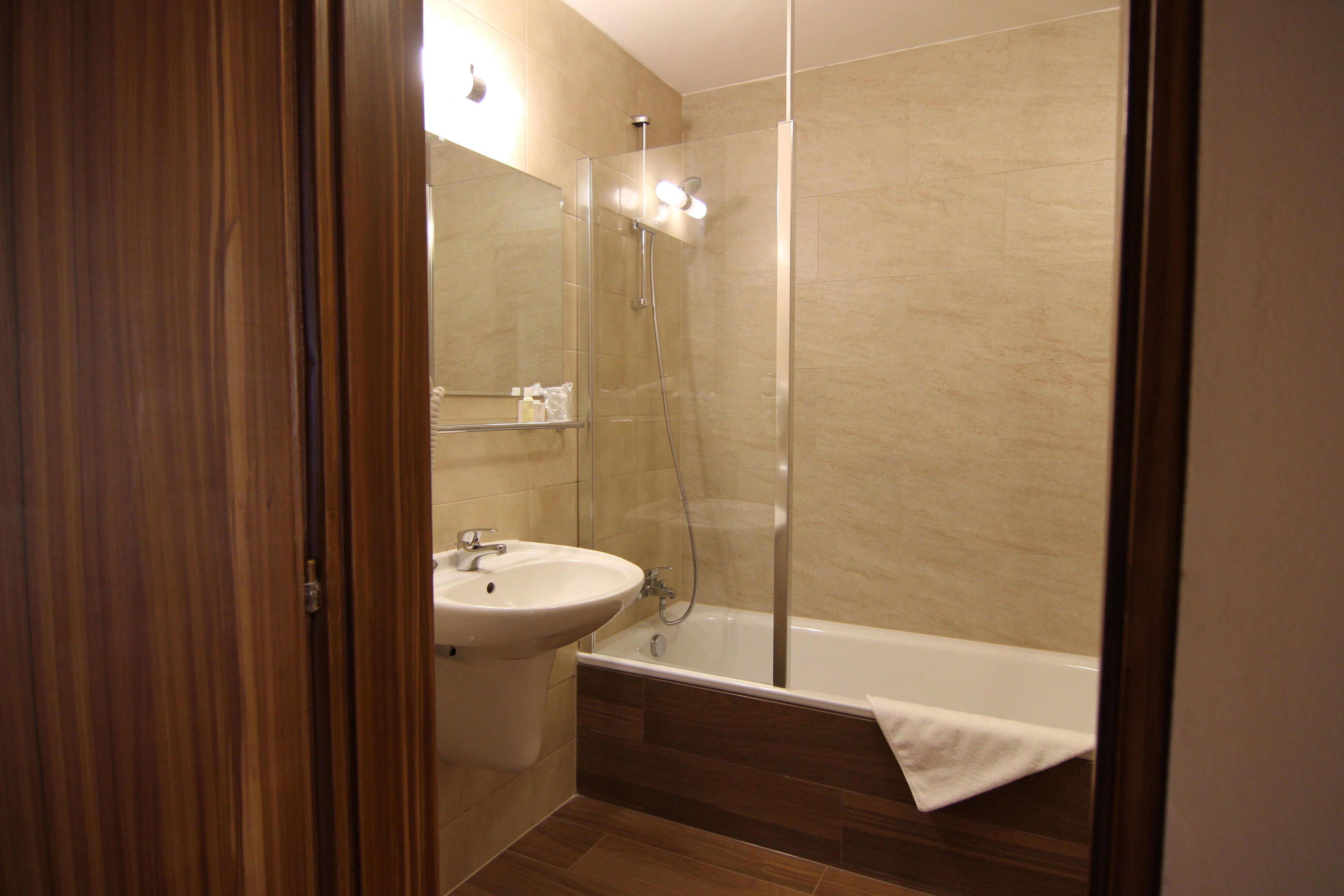 combined shower/bathtub, free toiletries, hair dryer, towels