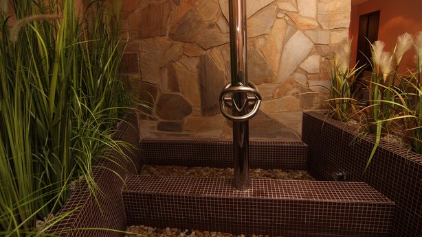 A stone wall with a metal pole in the center, surrounded by potted plants and a tiled floor. - Hotel Theresia Kolín (Kolin)