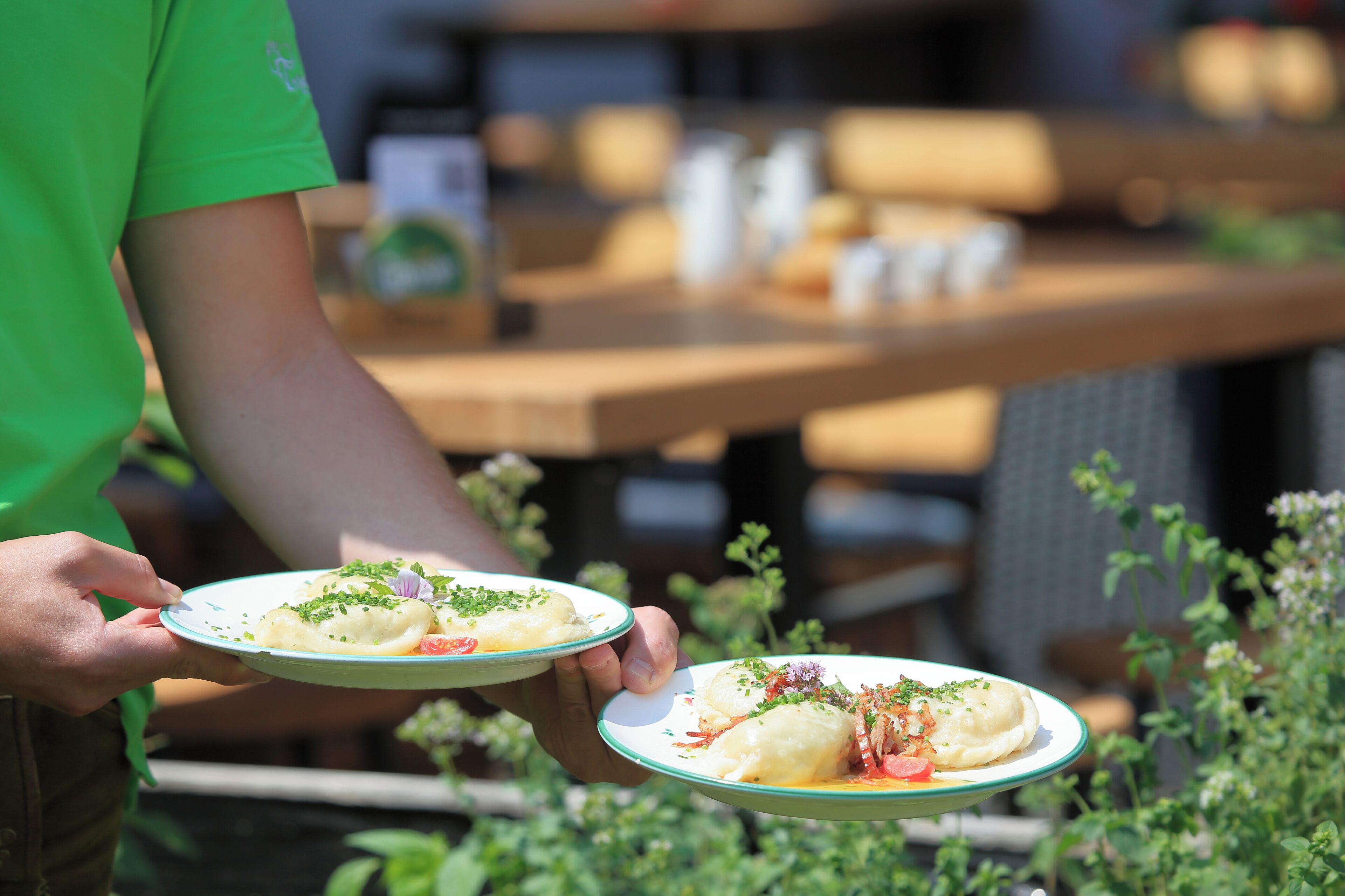 Una persona sosteniendo dos platos de comida al aire libre.