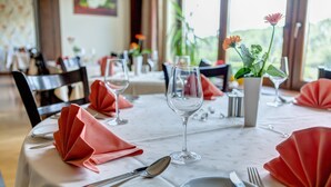 A dining table set with red napkins, silverware, and wine glasses, with a vase of flowers and a view of the outdoors. - Hotel Schoos (Fleringen)