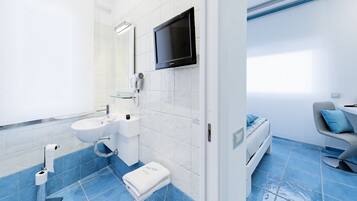 Shower, free toiletries, hair dryer, slippers