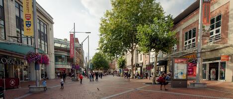 Een voetgangersstraat met winkels en cafés, met een boom in het midden en een heldere lucht.