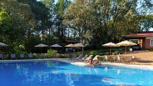 Une piscine entourée d’arbres et d’un bâtiment, avec des chaises longues et des parasols.