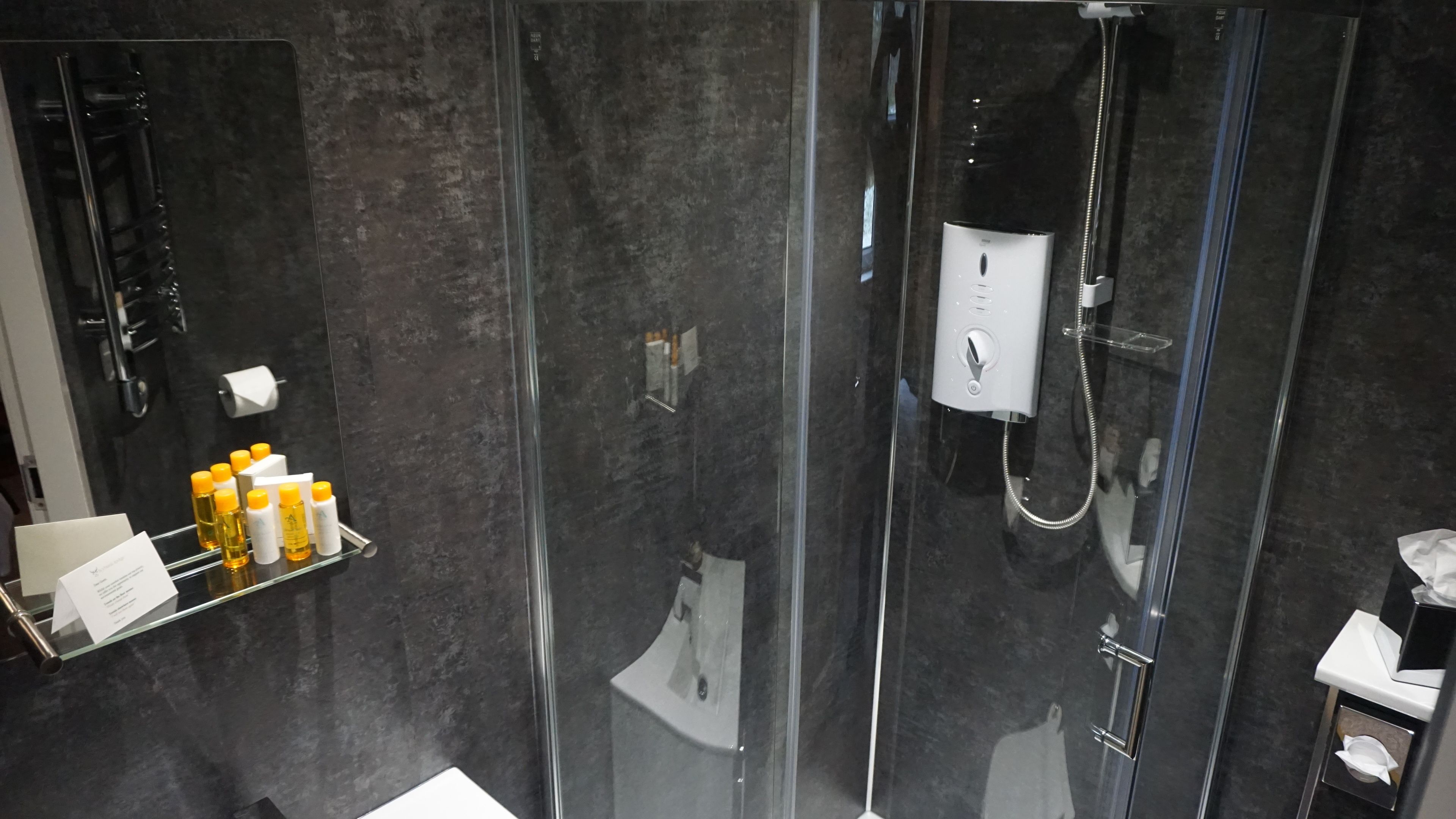 A modern bathroom with a glass shower enclosure, a white sink, and toiletries on a shelf.