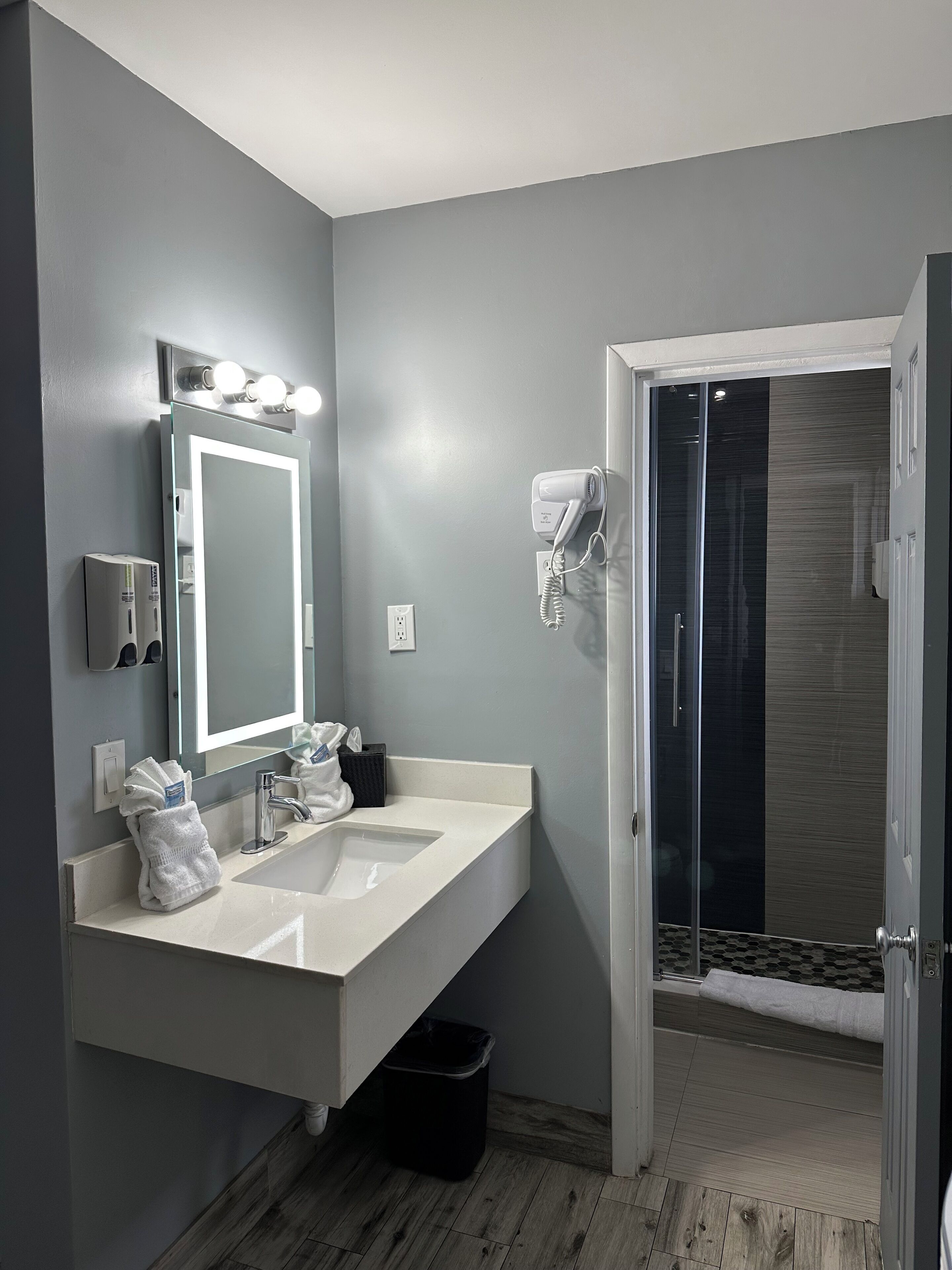A modern bathroom with two sinks, a mirror with lights, a hairdryer, and a shower area.