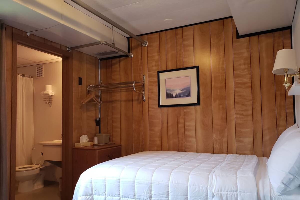 A bedroom with a wooden wall, a bed with a white quilt, a framed picture, and a nightstand with a lamp.