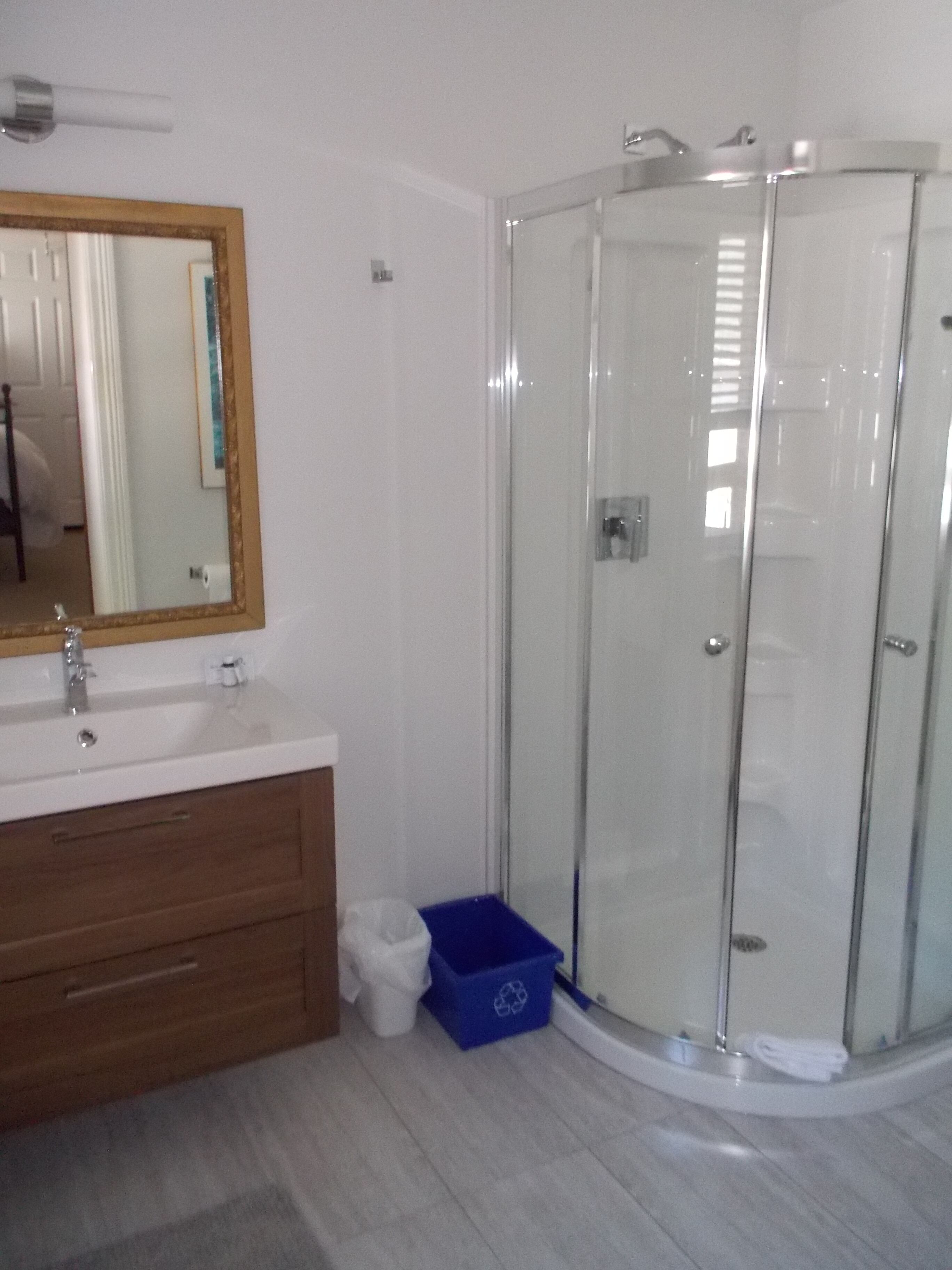 A bathroom with a glass shower enclosure, a sink with a mirror, and a blue trash bin.