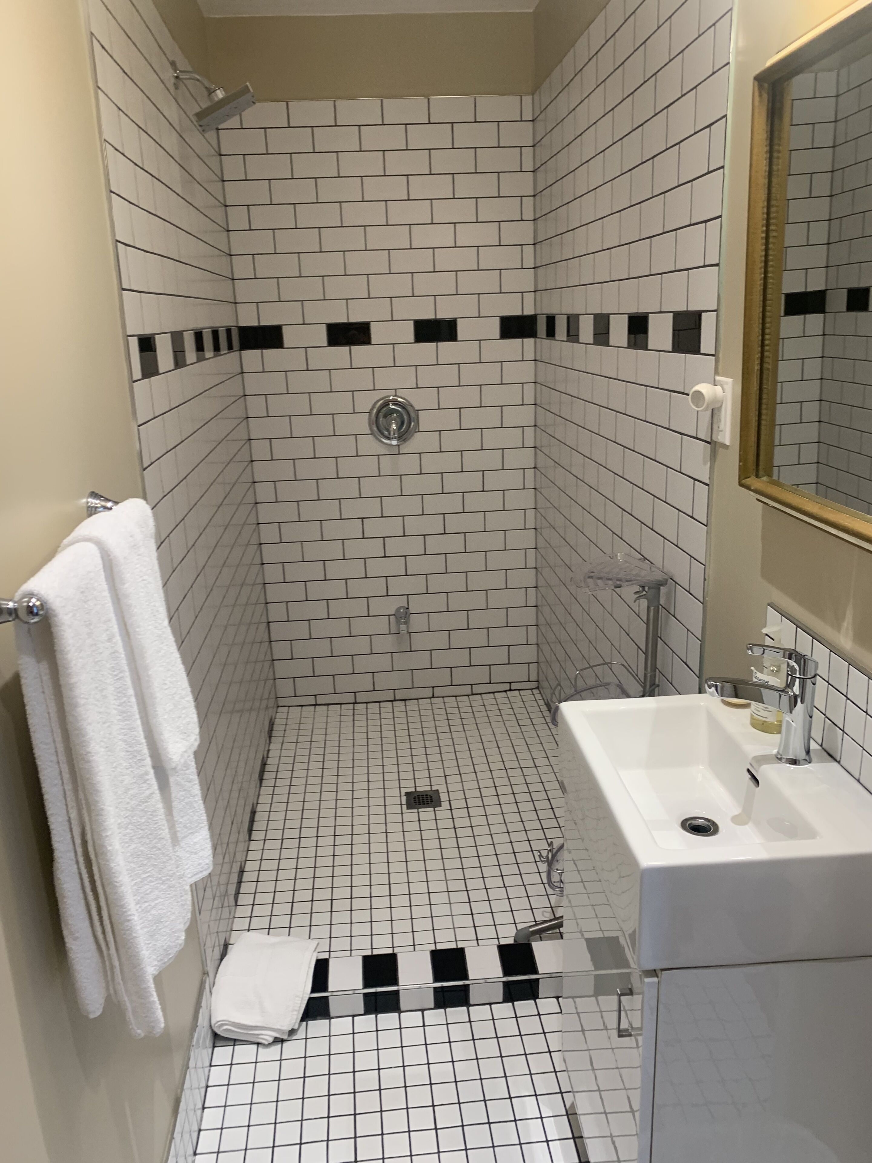 A small, tiled shower with a handheld showerhead, a white sink with a soap dispenser, and a towel rack.
