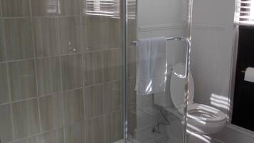 Un baño moderno con ducha acristalada, inodoro y lavabo.