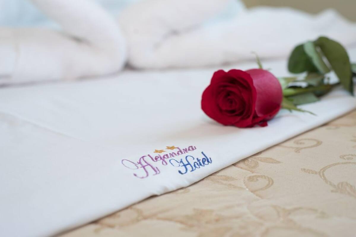 Almofada branca com bordado de texto e uma rosa vermelha.