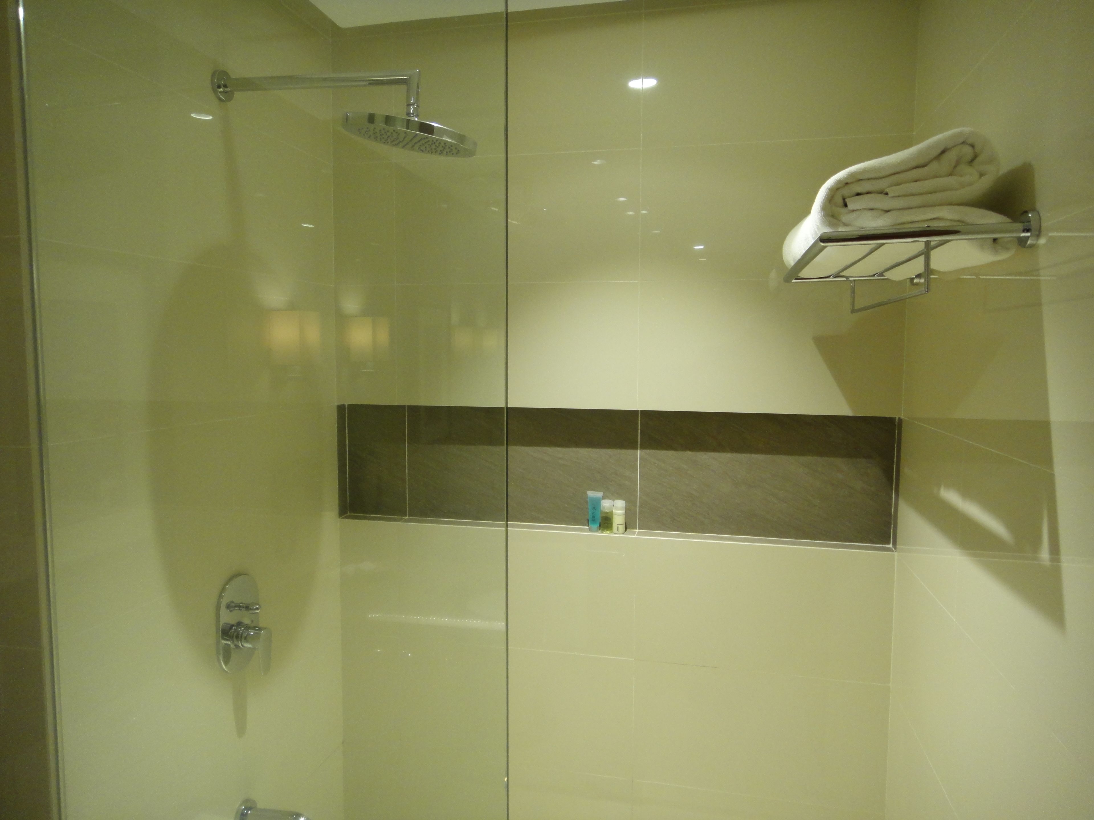 Ducha con cerramiento de vidrio, cabezal de ducha manual, toallero con una toalla doblada y estante pequeño con artículos de aseo.