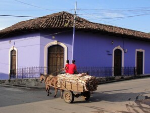 A horse-drawn cart loaded with wood, parked in front of a building with a tiled roof and arched windows. - Hotel Casa Cubana (Granada)