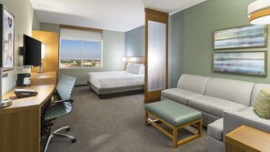 Desk, laptop workspace, blackout curtains, iron/ironing board