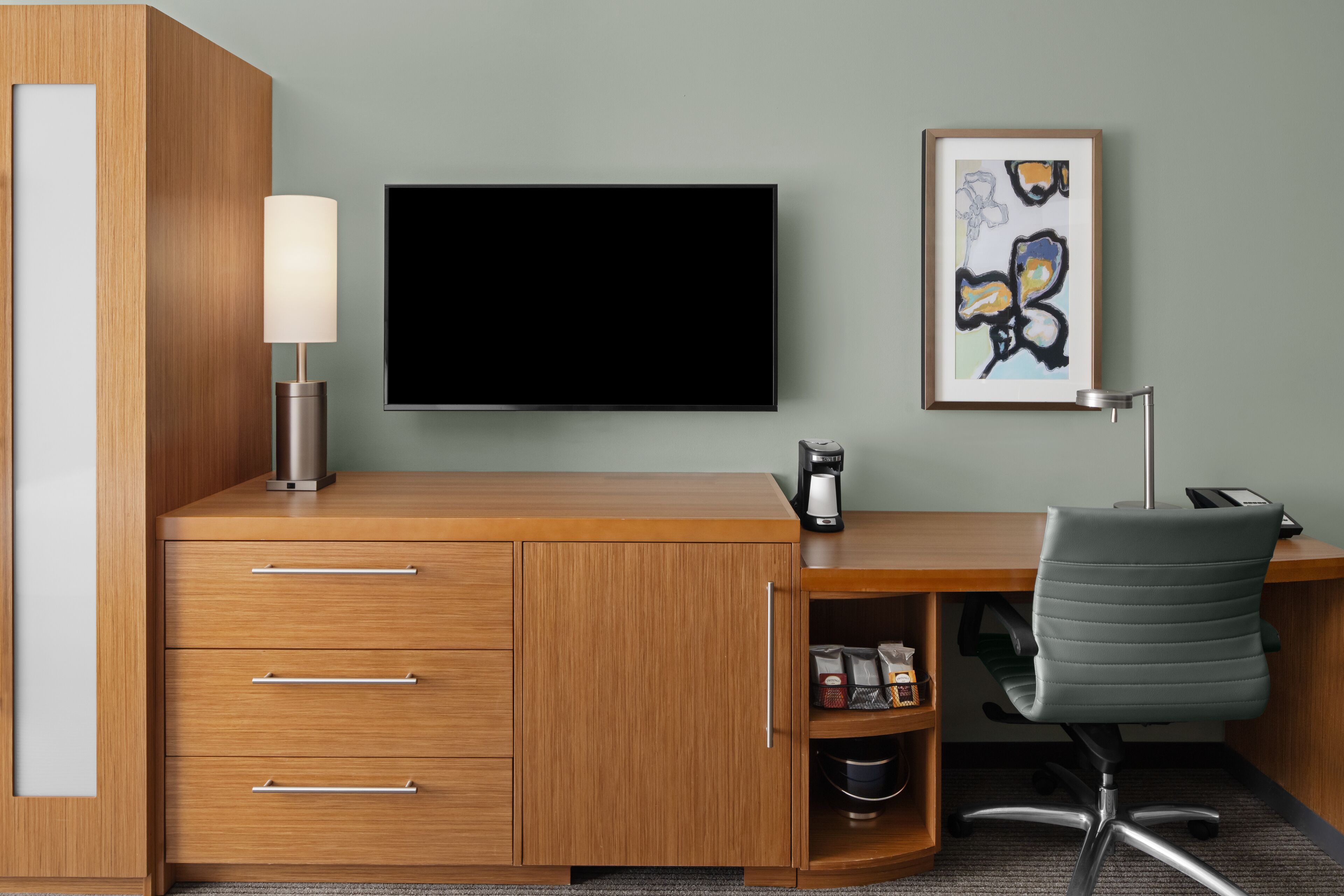 desk, laptop workspace, blackout curtains, iron/ironing board