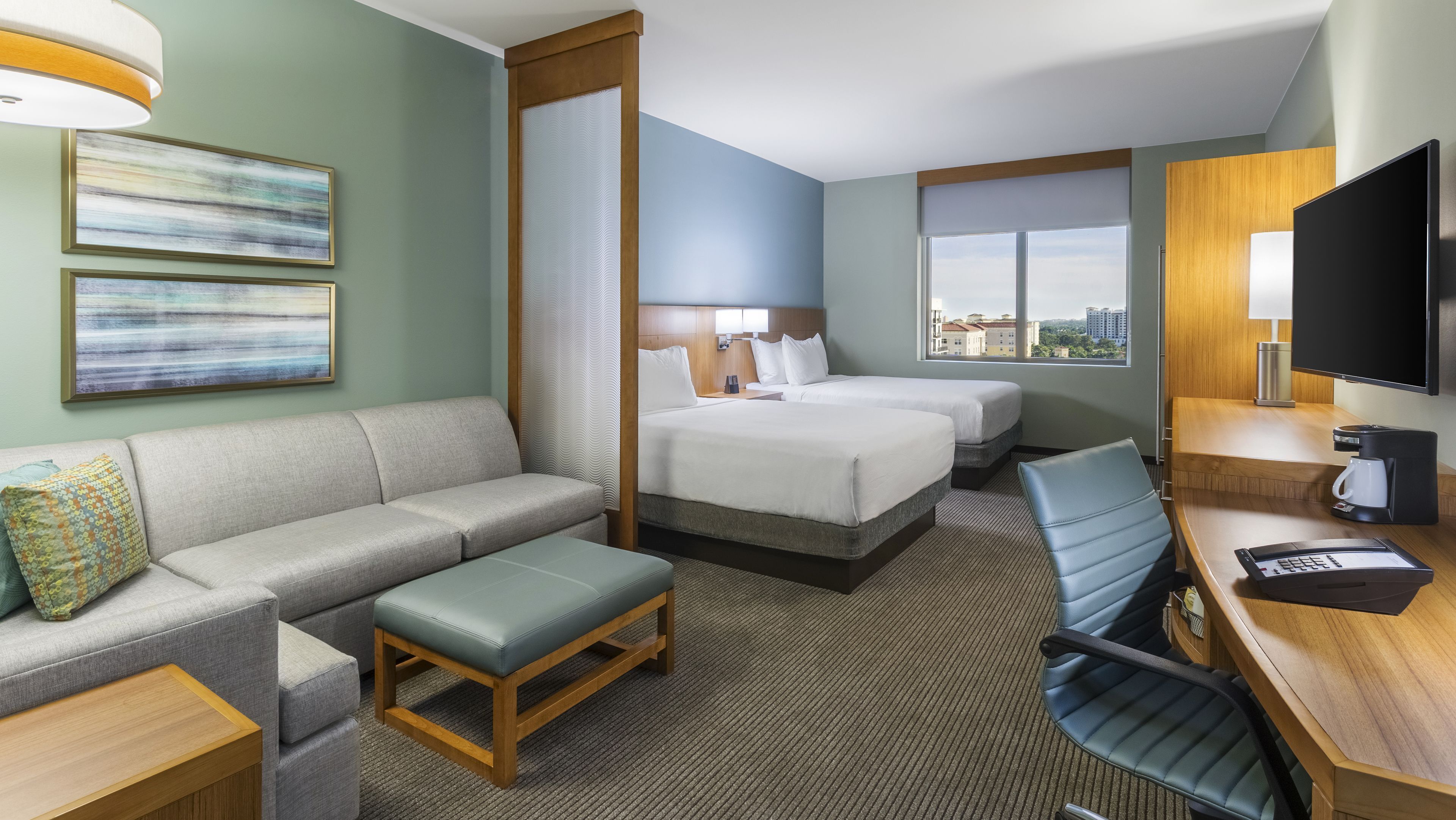 Desk, laptop workspace, blackout curtains, iron/ironing board