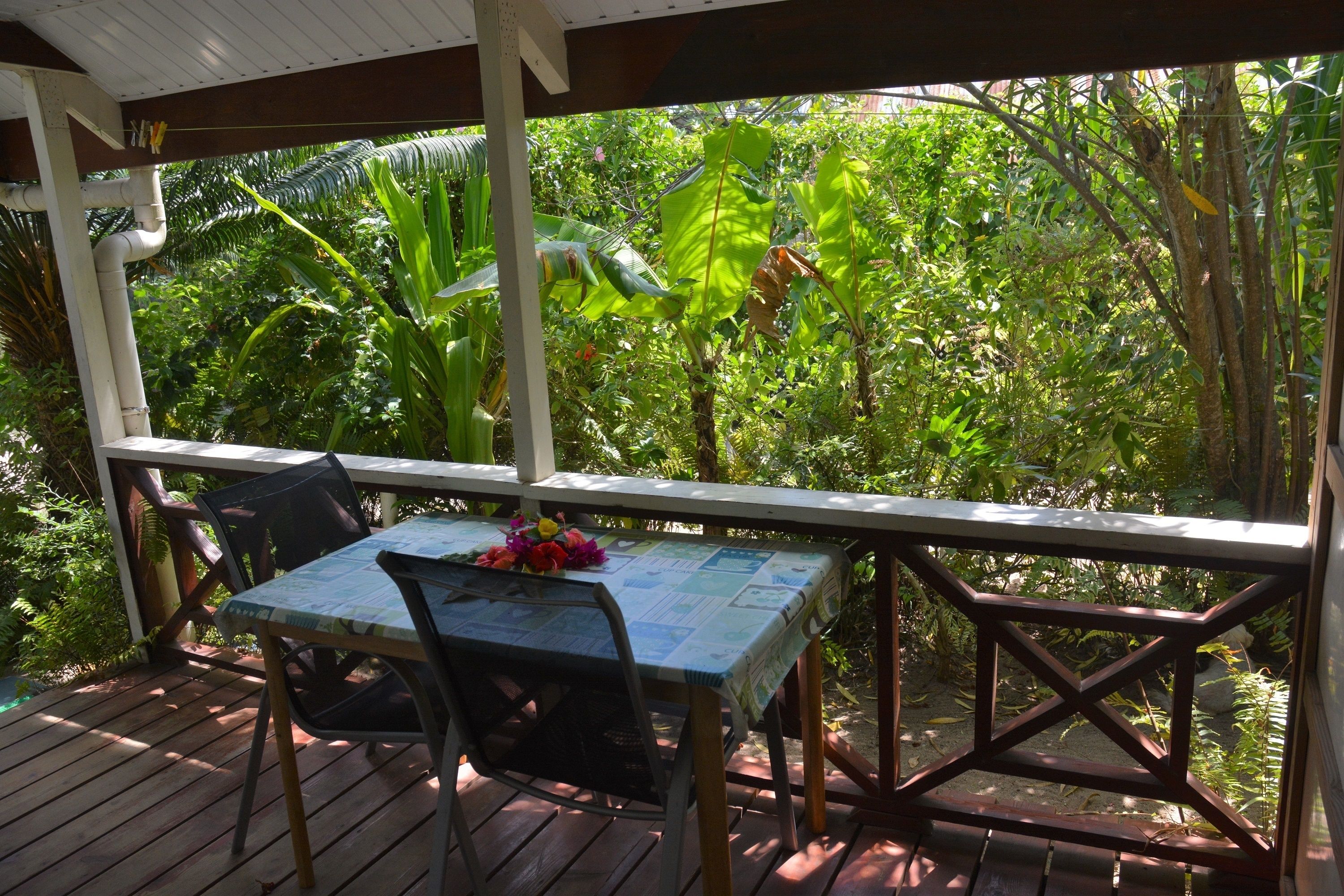 A covered outdoor area with a table and chairs, surrounded by lush greenery.