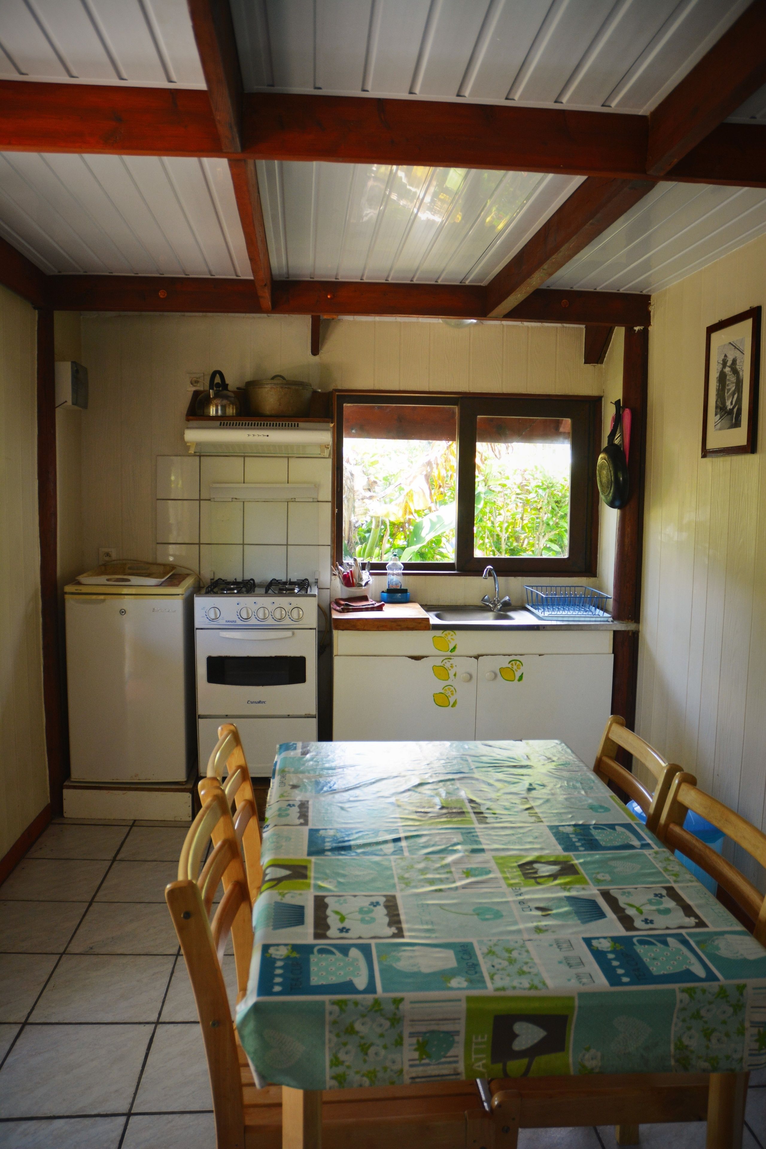 Una cocina compacta con estufa, horno y pileta, sillas de madera alrededor de una mesa con mantel estampado, y una ventana con vista a follaje.