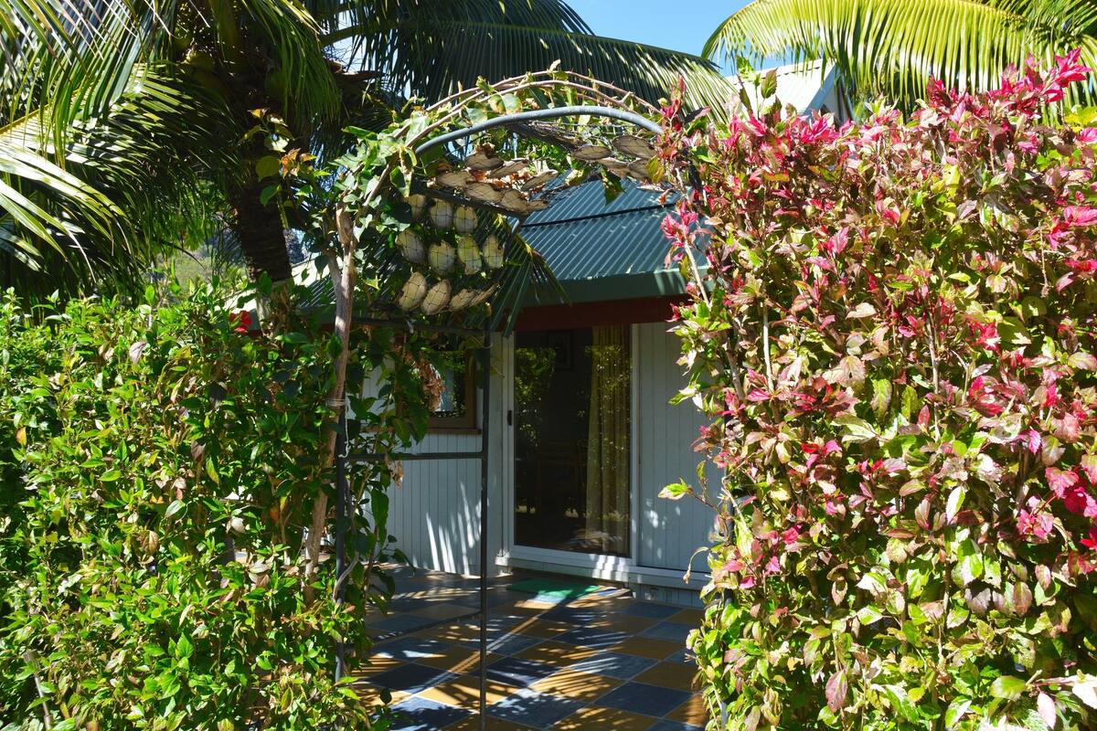 A tropical garden pathway leading to a house with a covered porch and a palm tree.