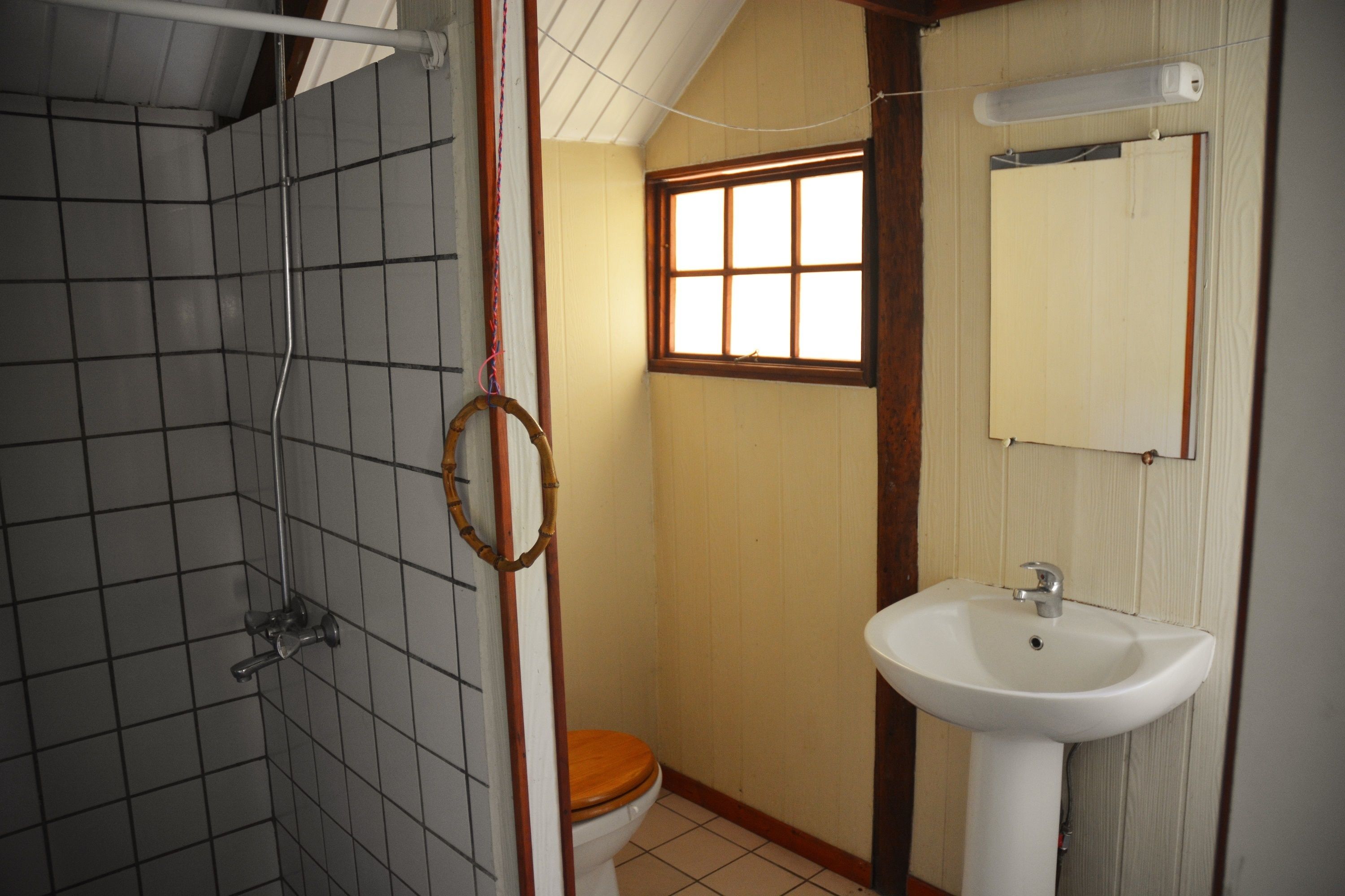 A bathroom with a shower, toilet, and sink.