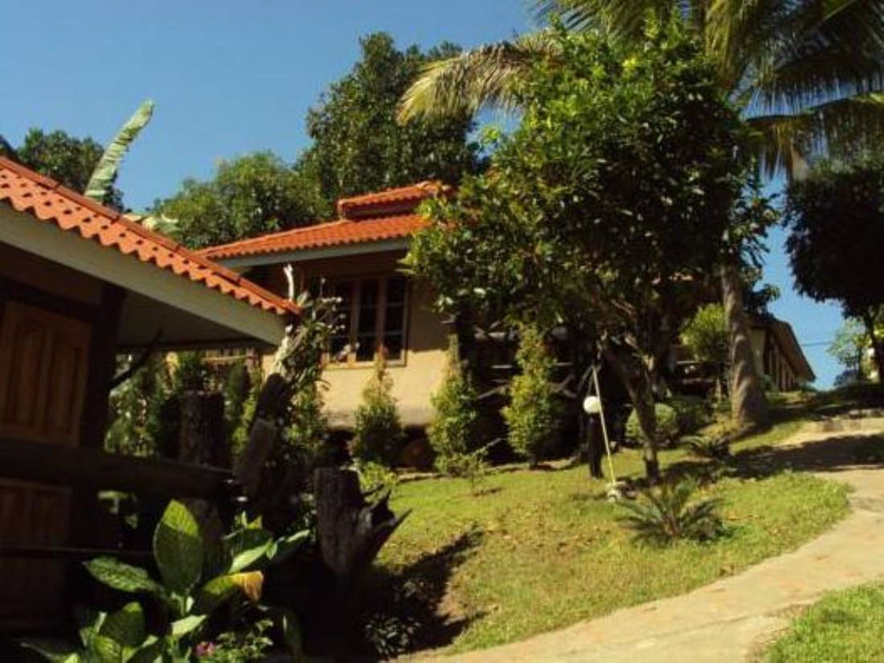 A bungalow with a red-tiled roof, surrounded by lush greenery and palm trees.