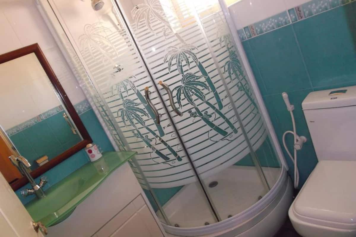 combined shower/bathtub, free toiletries, towels