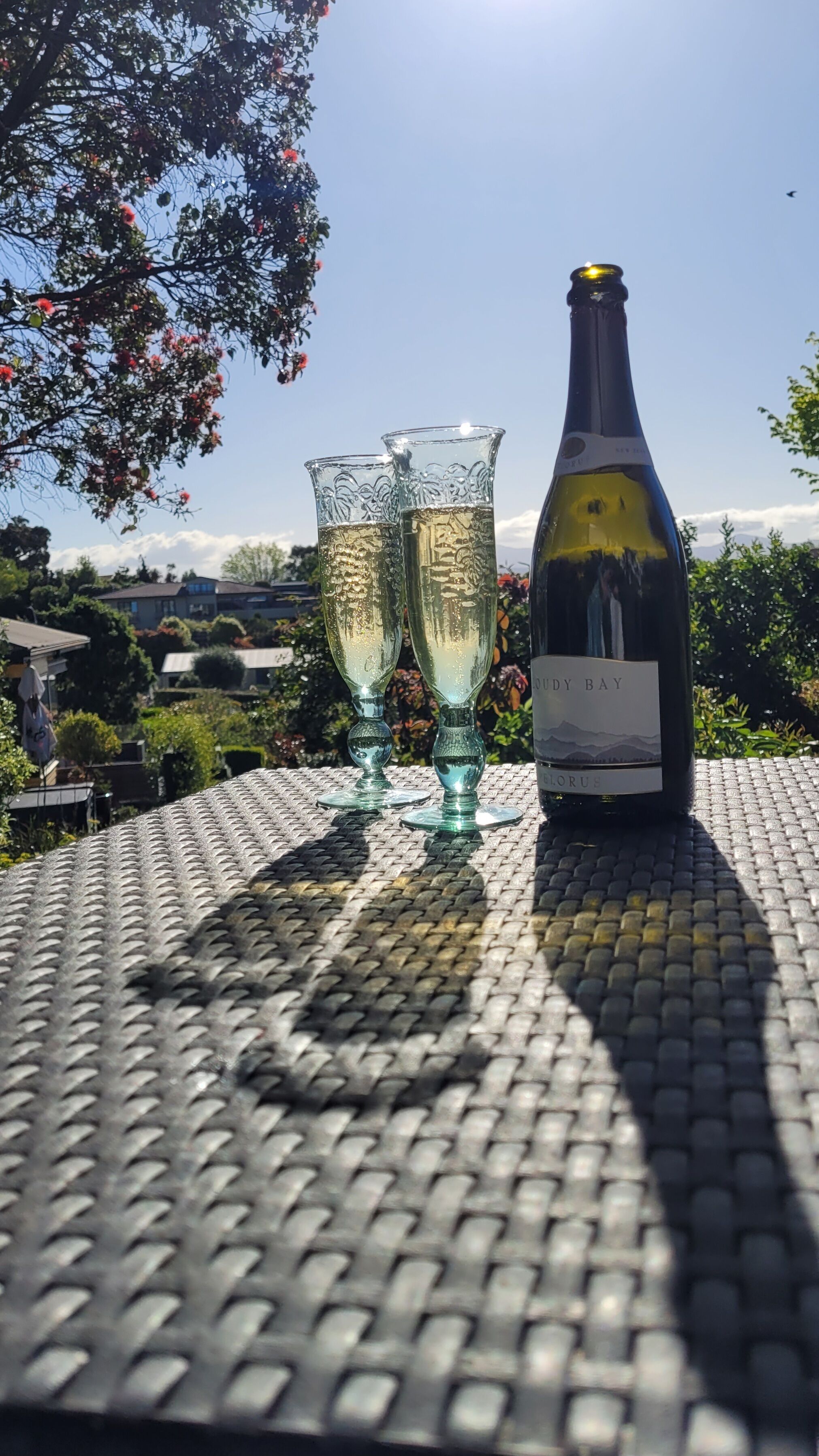Une bouteille de vin et deux verres sur une table, à l’extérieur.