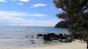 Uma praia com águas cristalinas, pedras e uma linha de árvores.