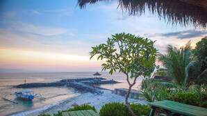 A beach scene with a boat, a gazebo, and a tree.
