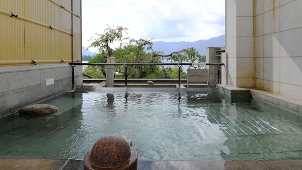 A stone-tiled pool with clear water, a rock, and a metal railing.