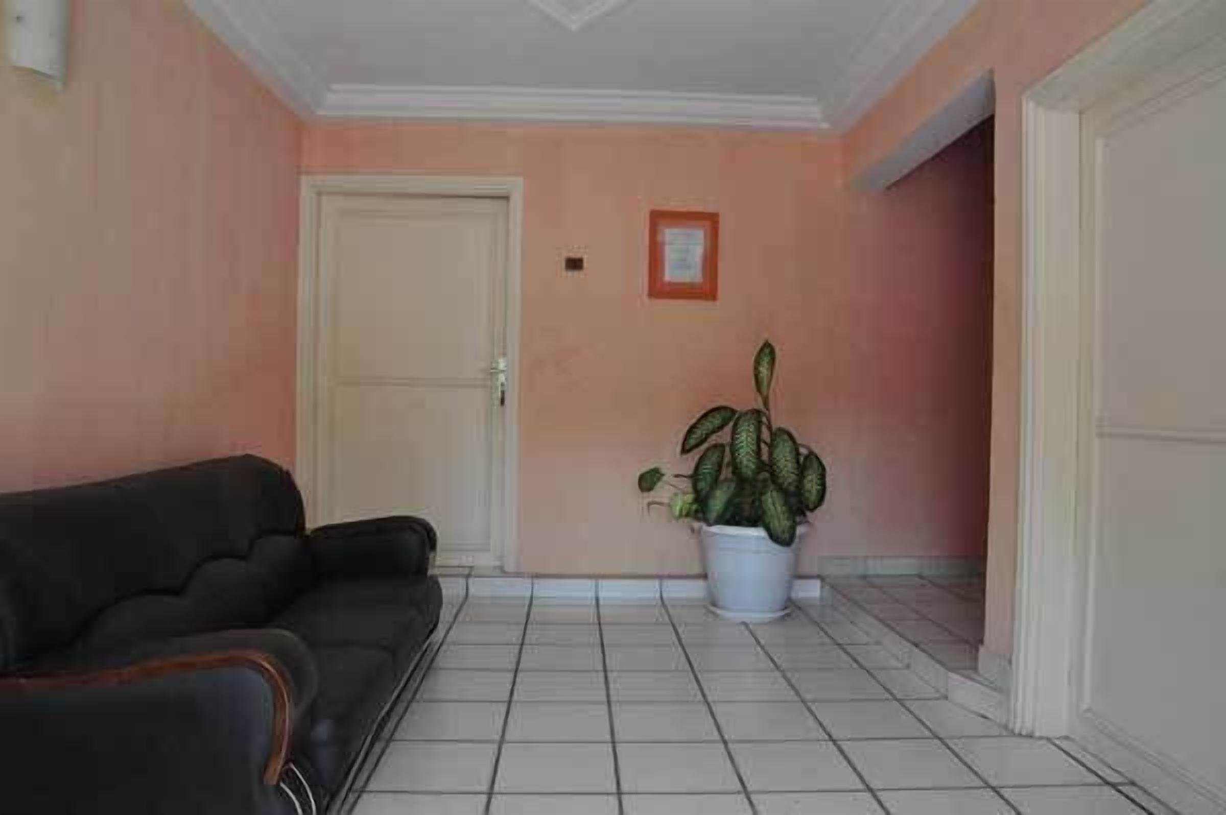 A room with a black sofa, a white door, a potted plant, and a tiled floor.