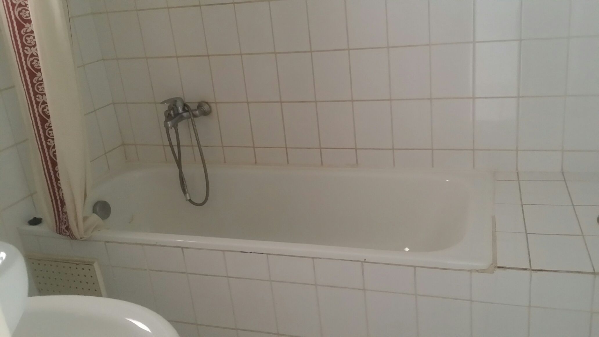 Et badeværelse med et hvidt badekar, brusehoved og toilet.
