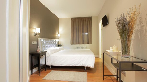 A bedroom with a bed, bedside tables, a nightstand, a TV, a window with curtains, and a vase with dried flowers. - Hotel Rosal (Oviedo)