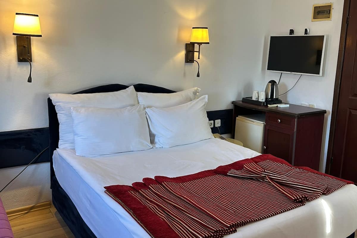 Habitación de hotel con cama, lámparas de noche, televisión de pantalla plana, aire acondicionado y suelo de madera.