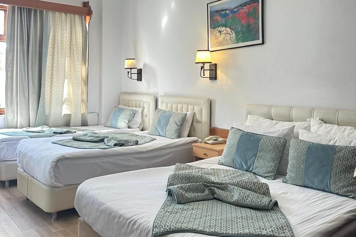 Habitación de hotel con dos camas, un cuadro, dos apliques de pared, una ventana con cortinas y una lámpara en el techo.