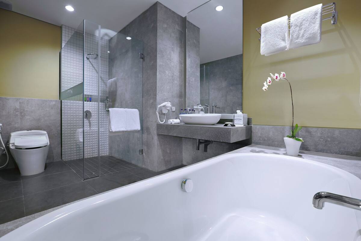 aston suite | bathroom | combined shower/bathtub, free toiletries, hair dryer, slippers