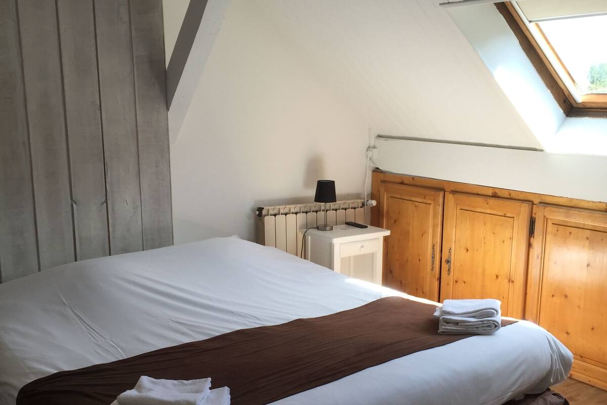 A bedroom with a large bed, a wooden wardrobe, a radiator, and a skylight.