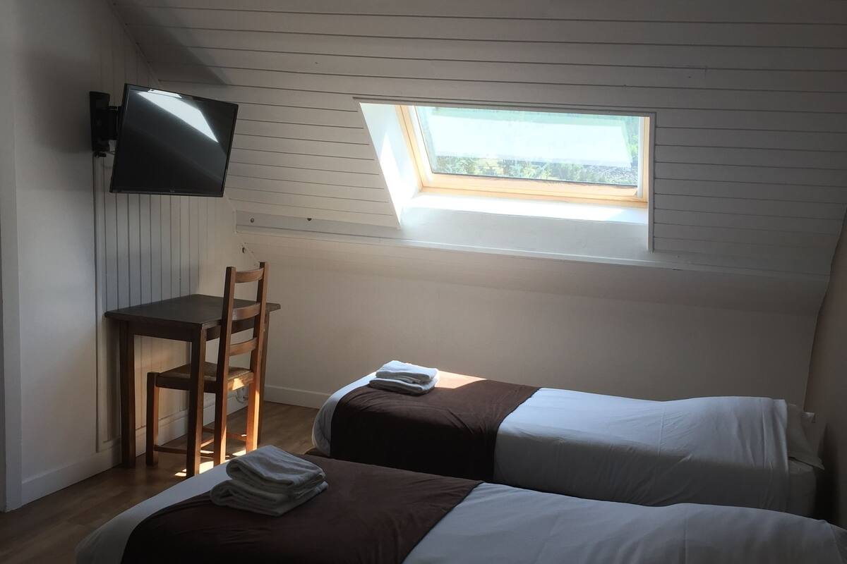 A small, cozy room with two beds, a desk, a chair, a TV, and a skylight.