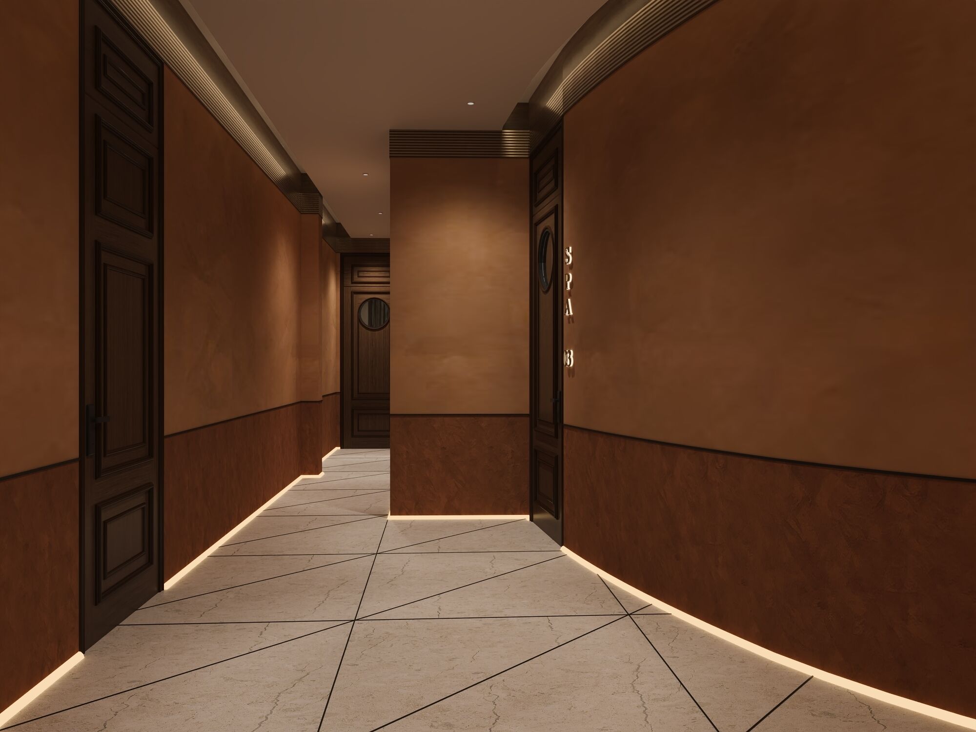 A corridor with a tiled floor, wooden walls, and a door at the end.