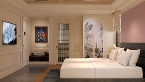 A modern bedroom with a large bed, a television, a decorative wall, and a door with a view. - O'Gallery Signature Hotel & Spa (Hanoi)