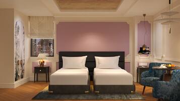 A modern bedroom with a double bed, a side table, a chair, and a cityscape view.