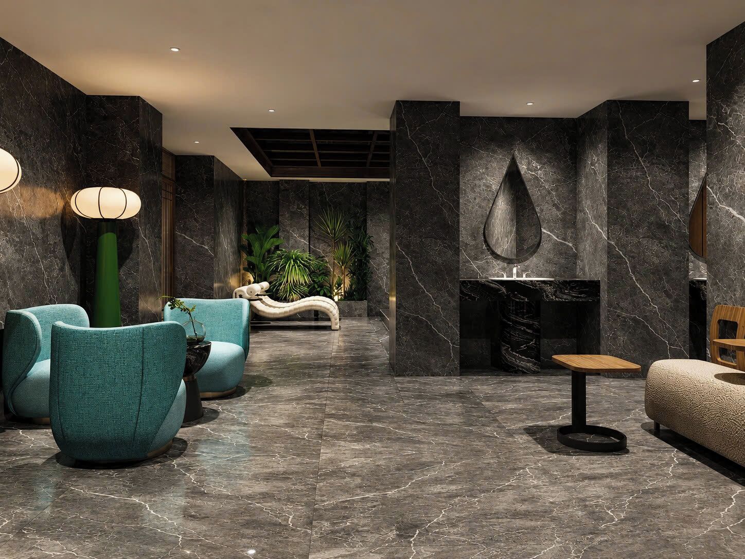 A modern lobby with marble flooring, seating areas, and a fireplace.